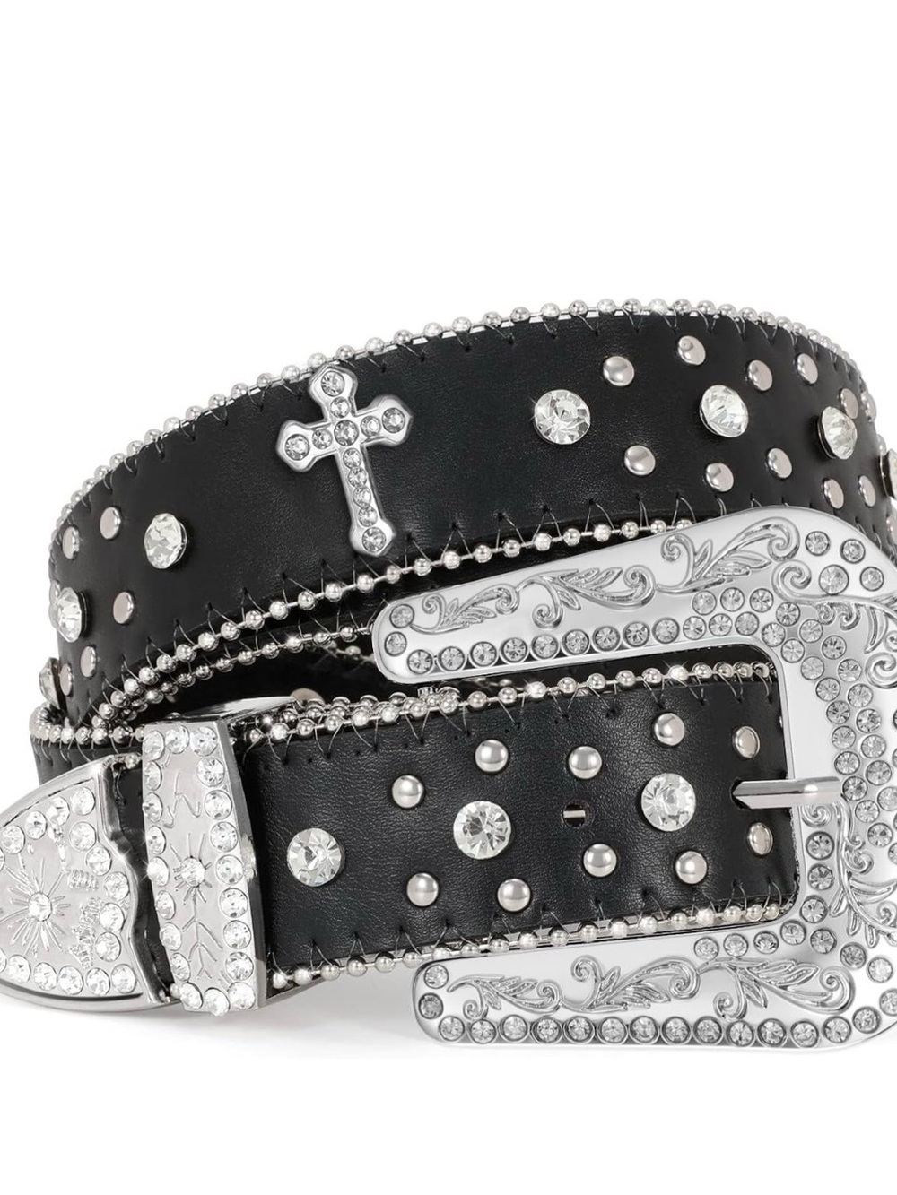 Sparkly Rhinestone Diamond Sequin Cross Studded Black Western Belt for Men/Women
